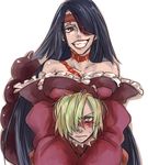  1girl adiane artist_request bare_shoulders blue_hair blush breast_rest breasts breasts_on_head dress eyepatch grin large_breasts long_hair lowres scorpion_tail smile tail tattoo tengen_toppa_gurren_lagann viral 