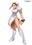  alternate_color arms_behind_back artist_name bun_cover china_dress chinese_clothes chun-li dated dress full_body pantyhose pelvic_curtain puffy_sleeves ryu_(ryu's_former_site) sash short_sleeves simple_background solo standing street_fighter white white_background white_footwear 