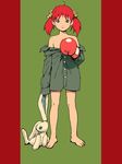  artist_request bare_shoulders barefoot boxing_gloves copyright_request feet flat_color green_background naked_shirt pillarboxed red_background red_hair shirt shirt_pull solo stuffed_animal stuffed_bunny stuffed_toy twintails 