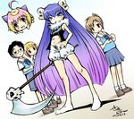  4girls ahoge barefoot big_hair bloomers gradient_hair guchuko long_hair moriyama_sunao multicolored_hair multiple_girls natsu_mikan older potemayo potemayo_(character) scythe sekihan skull takamimori_kyou underwear very_long_hair white_bloomers 