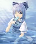  akino_komichi blue_eyes blue_hair bow cirno food hair_ribbon one_eye_closed popsicle ribbon solo touhou water 