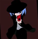  blue_eyes blue_hair fedora formal hat holding iwasaki_minami jacket kuroba_u looking_at_viewer lucky_star necktie open_clothes open_jacket pants red_background shirt simple_background solo suit white_shirt 