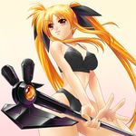  ayato bardiche blonde_hair bow bra breasts fate_testarossa gradient gradient_background hair_bow lingerie long_hair lyrical_nanoha mahou_shoujo_lyrical_nanoha_strikers medium_breasts panties red_eyes simple_background solo twintails underwear very_long_hair weapon 