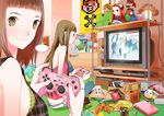  bangs bedroom blunt_bangs brown_hair bubble_blowing chest_of_drawers chewing_gum doll game_console gamecube indoors looking_at_viewer mario mario_(series) multiple_girls mushroom naoe_marimo original playing_games playstation_2 rubik's_cube shelf super_mario_bros. super_mushroom television video_game 