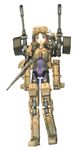  :d blush brown_eyes brown_hair busou_shinki cannon fort_bragg full_body looking_at_viewer machinery mecha_musume mechanical_arm mechanical_legs open_mouth sabamu simple_background smile solo standing turret white_background 