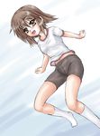  :d bangs bike_shorts blush breasts brown_eyes brown_hair brown_shorts eyebrows_visible_through_hair fang gradient gradient_background jumping kneehighs kusakabe_misao lucky_star navel no_shoes open_mouth outstretched_arms shirt short_hair short_sleeves shorts small_breasts smile solo white_legwear white_shirt yo-jin 