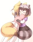  2girls animal_ears arms_around_back bangs black_gloves black_hair blonde_hair blouse blush common_raccoon_(kemono_friends) elbow_gloves eyebrows_visible_through_hair eyes_closed fang fennec_(kemono_friends) fox_ears fox_tail fur_collar gloves gradient gradient_background grey_hair hug kemono_friends matsuu_(akiomoi) medium_hair multicolored multicolored_clothes multicolored_gloves multicolored_hair multiple_girls open_mouth pantyhose pink_sweater plaid plaid_skirt pleated_skirt puffy_sleeves purple_blouse raccoon_ears raccoon_tail skirt sweater tail thighhighs white_background white_gloves white_legwear 