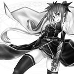  belt cape coat fate_testarossa gauntlets greyscale hair_ribbon long_hair lowres lyrical_nanoha magic_circle magical_girl mahou_shoujo_lyrical_nanoha_strikers monochrome ribbon solo thighhighs tobimaru twintails zettai_ryouiki 