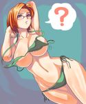  ? areolae artist_request bikini blue_eyes breasts copyright_request glasses huge_breasts orange_hair short_hair side-tie_bikini solo speech_bubble spoken_question_mark swimsuit wardrobe_malfunction wide_hips 