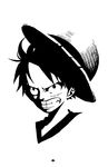  artist_request clenched_teeth greyscale highres male_focus monkey_d_luffy monochrome one_piece solo teeth white_background 