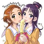  2girls :p banana_popsicle brown_eyes brown_hair eyelashes food futari_wa_precure_splash_star hair_ornament half_updo hyuuga_saki mishou_mai multiple_girls popsicle precure purple_eyes purple_hair sameha_ikuya school_uniform sexually_suggestive short_hair tongue tongue_out very_short_hair yuunagi_middle_school_uniform 