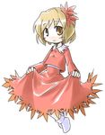  aki_shizuha artist_request blonde_hair dress dress_lift hair_ornament leaf leaf_hair_ornament leaf_on_head lowres red_dress short_hair solo touhou yellow_eyes 