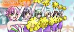  :d aika_granzchesta akira_ferrari alice_carroll alicia_florence aria arm_up athena_glory black_hair cheering dancing dress green_eyes green_hair holding lucky_star mizunashi_akari motteke!_serafuku multiple_girls open_mouth parody pink_hair pom_poms pose purple_dress short_hair sidelocks smile upper_body 