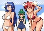  bent_over bikini blue_eyes blue_hair breast_envy breasts chiki_(chikibw) copyright_request covered_navel elf green_hair large_breasts multiple_girls navel one-piece_swimsuit open_mouth pointy_ears red_eyes red_hair school_swimsuit side-tie_bikini swimsuit 