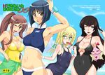  aoi_manabu armpits bikini black_hair blonde_hair blue_eyes blue_hair blush bob_cut breasts brown_hair busou_renkin cleavage cover covered_nipples day doujinshi facial_scar flat_chest food green_eyes green_sarong hand_on_head hayasaka_ouka large_breasts lineup long_hair multiple_girls mutou_mahiro nose_scar one-piece_swimsuit one_eye_closed ponytail popsicle sarong scar school_swimsuit sky sweat swimsuit tankini tsumura_tokiko very_long_hair victoria_(busou_renkin) wristband yellow_eyes 