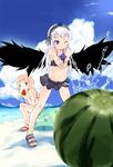  ball beach beachball bikini bikini_skirt day eating food frilled_swimsuit frills fruit gun navel one_eye_closed outdoors rozen_maiden sandals sitting solo spray suigintou swimsuit tankini water_gun watermelon watermelon_beachball weapon wings yoshino_(artist) 