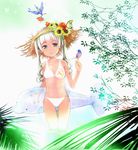 bikini bird bird_on_hand brown_eyes bug butterfly flower hat hat_flower hibiscus inflatable_dolphin inflatable_toy insect long_hair m-hit original side-tie_bikini solo straw_hat sunflower swimsuit thigh_gap twintails wading water white_bikini white_hair 