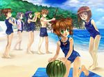  5girls barefoot beach blindfold cardcaptor_sakura daidouji_tomoyo day food fruit green_eyes holding holding_food holding_fruit kinomoto_sakura li_xiaolang mihara_chiharu multiple_girls mutsuki_(moonknives) ocean one-piece_swimsuit outdoors sasaki_rika school_swimsuit suikawari swimsuit wallpaper water watermelon yanagisawa_naoko 