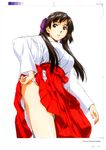  2006 absurdres adjusting_clothes adjusting_panties brown_eyes brown_hair copyright_name cowboy_shot dated hair_ribbon hakama hakama_lift hand_on_hip highres horibe_hiderou japanese_clothes long_hair miko original page_number panties parted_lips pc_angel red_eyes red_hakama ribbon simple_background skirt skirt_lift solo twintails underwear white_background 