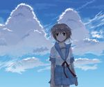  bangs blue_sailor_collar cloud day kita_high_school_uniform nagato_yuki sailor_collar school_uniform serafuku shima_tokio short_hair sky solo suzumiya_haruhi_no_yuuutsu 