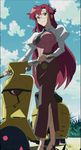  alternate_hairstyle brown_skirt cloud day glasses ground_vehicle hair_down highres long_hair long_skirt motor_vehicle necktie pencil_skirt red_hair scooter screencap skirt sky smile solo stitched teacher tengen_toppa_gurren_lagann third-party_edit very_long_hair yellow_eyes yoko_littner yomako 