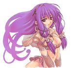  absurdres bangs blush breasts capelet cleavage covered_nipples detached_sleeves earrings eyebrows_visible_through_hair eyelashes gem hair_ornament hair_tubes hairband high-waist_skirt highres hoop_earrings jewelry long_hair mage_(ragnarok_online) medium_breasts midriff morii_shizuki navel o-ring parted_lips purple_eyes purple_hair ragnarok_online short_sleeves sidelocks simple_background skirt solo upper_body v_arms very_long_hair white_background 