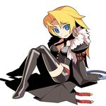  black_legwear black_skirt blonde_pubic_hair blue_eyes collarbone criss-cross_halter dark_hunter earmuffs full_body fur_collar halter_top halterneck himukai_yuuji jacket long_sleeves looking_at_viewer official_art open_clothes open_jacket pencil_skirt sekaiju_no_meikyuu sitting skirt smile solo thighhighs 