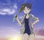  amasawa_yuuko brown_hair dennou_coil glasses jacket lowres one-piece_swimsuit ramune school_swimsuit short_hair sleeves_rolled_up solo swimsuit twintails 