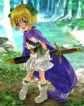  bianca's_daughter blonde_hair blue_eyes blush bow cape dragon_quest dragon_quest_v dress fantasy hair_bow mutsuki_(moonknives) open_mouth ribbon short_hair smile solo sword water waterfall weapon 