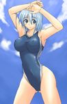  armpits arms_up blue_eyes blue_hair breasts cloud covered_nipples day large_breasts ment one-piece_swimsuit original solo swimsuit 