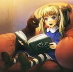  :d alice_(odin_sphere) black_cat blonde_hair blue_eyes book bow cat chair hair_bow odin_sphere open_book open_mouth pantyhose reading ribbon simosi sitting smile socrates_(odin_sphere) solo striped striped_legwear twintails 