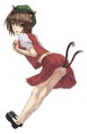  akino_komichi animal_ears brown_eyes brown_hair cat_ears cat_tail chen earrings fingernails hat jewelry legs multiple_tails panties short_hair solo tail touhou underwear 