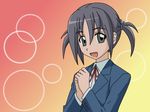  :d black_hair bubble_background hair_tie hands_together hayate_no_gotoku! neck_ribbon nishizawa_ayumu open_mouth ribbon school_uniform short_twintails smile solo twintails upper_body vector_trace 