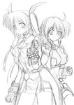  fingerless_gloves gauntlets gloves greyscale headband kakitsubata_tsukune lyrical_nanoha magical_girl mahou_shoujo_lyrical_nanoha_strikers midriff monochrome multiple_girls revolver_knuckle single_fingerless_glove single_gauntlet sketch subaru_nakajima takamachi_nanoha twintails waist_cape 