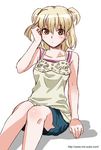  adjusting_hair bare_arms bare_shoulders blonde_hair brown_eyes camisole collarbone mattaku_mousuke original shorts sitting solo two_side_up watermark web_address 