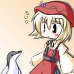  1girl aki_minoriko bird chibi food food_as_clothes fruit grapes hat lowres open_mouth penguin r_pascal simple_background solo surprised touhou 
