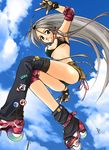  bikini bikini_top blue_eyes breasts clannad cloud collar day elbow_pads fingerless_gloves gloves hairband inline_skates jumping knee_pads long_hair onaya_masakazu roller_skates sakagami_tomoyo silver_hair skates small_breasts solo swimsuit thighhighs underboob 