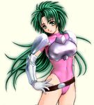  armor bikini_armor cameltoe green_eyes green_hair hand_on_hip imageboard_colors jochuu-san long_hair lowres oekaki original solo yagisaka_seto 