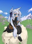  blue_eyes cloud day grass long_hair mof mof's_silver_haired_twintailed_girl mountain oekaki original outdoors riding scissors sheep sky solo thighhighs 