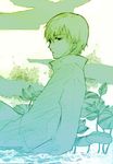  arm_support bangs closed_mouth darker_than_black expressionless eyebrows_visible_through_hair from_side gradient green hair_between_eyes hei leaning_back long_sleeves male_focus monochrome plant profile shirt sitting solo water 