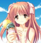  azuma_yuki blue_sky cloud collarbone day double_scoop drinking finger_to_mouth food hair_ribbon head_tilt holding ice_cream looking_at_viewer original pink_ribbon ribbon sky smile solo summer twintails upper_body 