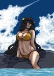  aizawa_yoshihiko bikini black_hair blue_sky breasts cleavage cloud day large_breasts long_hair original outdoors sky solo straddling striped striped_bikini swimsuit transparent vertical-striped_bikini vertical_stripes very_long_hair water yellow_bikini 