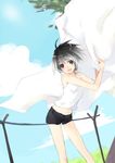  :d black_hair blue_sky camisole cloud contrapposto cowboy_shot day holding itou_nanami open_mouth original plant short_hair shorts sky smile solo standing towel tree white_hair 