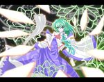  adapted_costume alternate_costume artist_request asymmetrical_hair blue_skirt cowboy_shot detached_sleeves frog_hair_ornament green_eyes green_hair hair_ornament kochiya_sanae long_hair long_sleeves looking_at_viewer magic nontraditional_miko skirt snake_hair_ornament solo source_request touhou wide_sleeves 