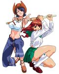  asuka_(viper) black_eyes blue_hair breasts brown_hair cowboy_hat crop_top finger_gun full_body hat jewelry katsura_ken'ichirou kneehighs kneeling large_breasts midriff miki_(viper) multiple_girls nail_polish necklace one_eye_closed pants red_nails sandals school_uniform serafuku shinai short_hair skirt smile socks sword unbuttoned viper viper_ctr viper_v10 weapon western wind 