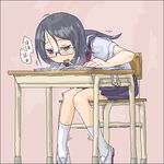  artist_request blush desk fujiyoshi_harumi glasses implied_masturbation lowres oekaki sayonara_zetsubou_sensei school_uniform solo sweat trembling 