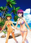  ahoge asaki_takayuki beach bikini blush breasts cleavage copyright_request day earrings green_hair jewelry large_breasts lowleg lowleg_bikini multiple_girls navel necklace ocean one_eye_closed orange_eyes outdoors palm_tree purple_hair red_eyes short_hair side-tie_bikini swimsuit tree 