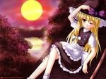  blonde_hair crossed_legs hand_on_headwear hat kirisame_marisa long_hair lying mountain on_back one_eye_closed rooftop sitting solo sun sunset touhou wallpaper witch_hat yaoyorozu-kobo yellow_eyes 