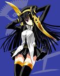  arms_up bangs black_gloves black_legwear blue_background blue_eyes blunt_bangs elbow_gloves gloves long_hair looking_at_viewer original pfalz simple_background solo standing thigh_gap thighhighs very_long_hair 