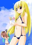  blonde_hair dated green_hair long_hair multiple_girls noto_(soranoto) original shaved_ice slingshot_swimsuit sparkle swimsuit twintails 